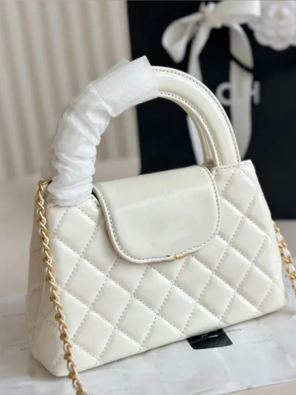 Quilted Top-Handle White Leather Satchel